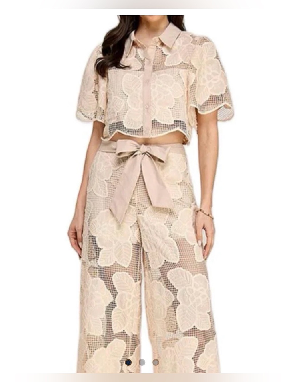 Beige Floral Lace Wide-Leg Pant Set with Tie Waist